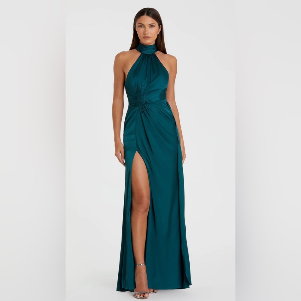 NWT, Size 4, Mac Duggal Teal Blue High Neck Evening Gown with Slit and Open Back